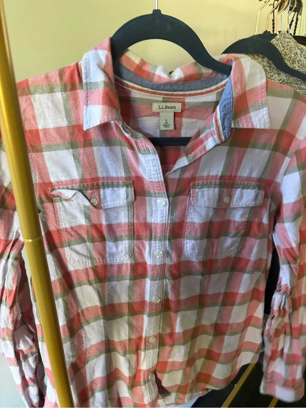 L.L. Bean Coral and White Plaid Button-Down Women Flannel Shirt